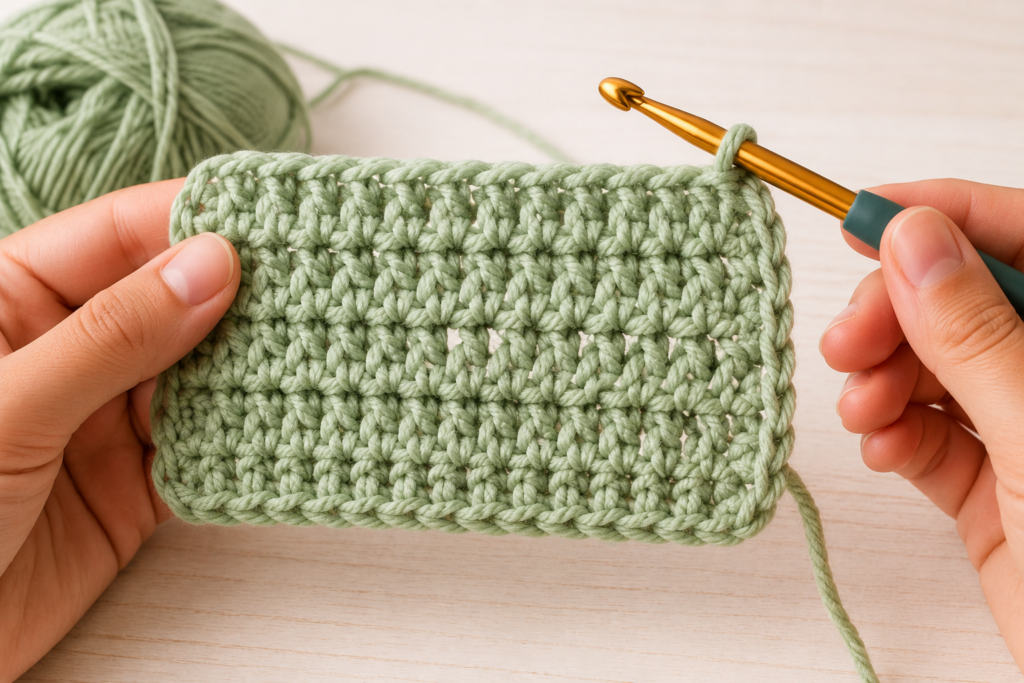 Large clear crochet swatch using smooth acrylic yarn with visible stitches
