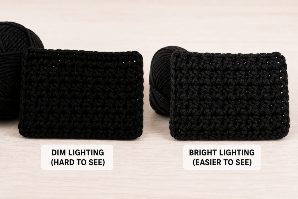 Black crochet swatch under dim lighting beside the same swatch under bright lighting