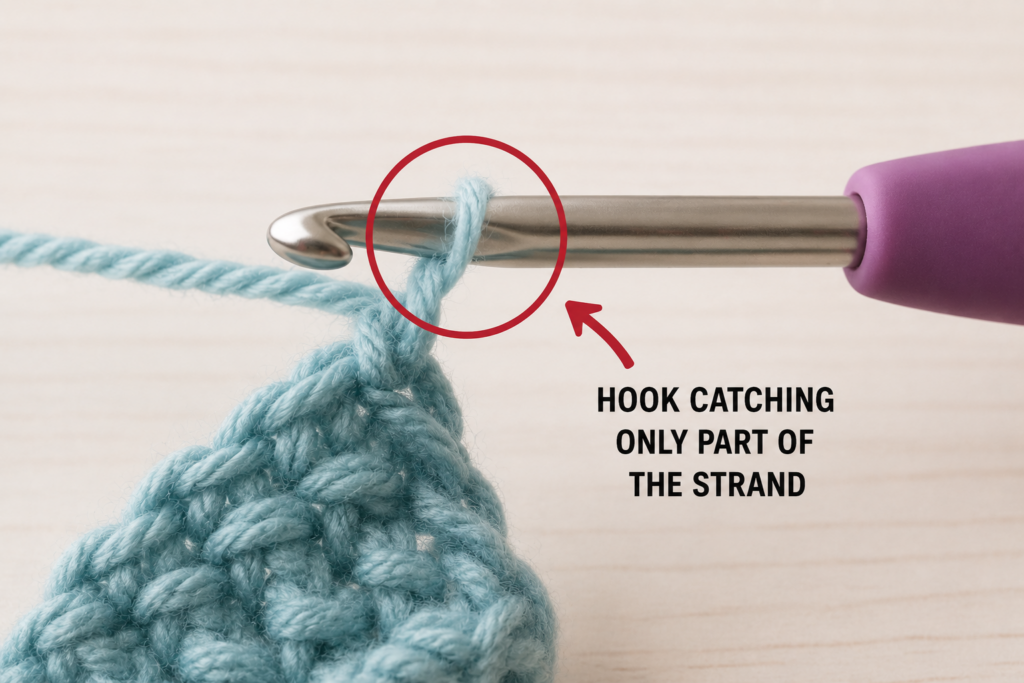 Crochet hook accidentally catching split yarn strands