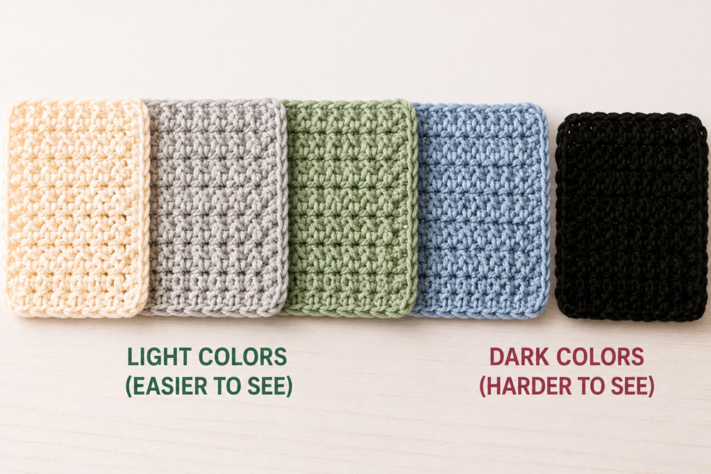 Crochet swatches in light yarn colors beside a black yarn swatch showing stitch visibility differences