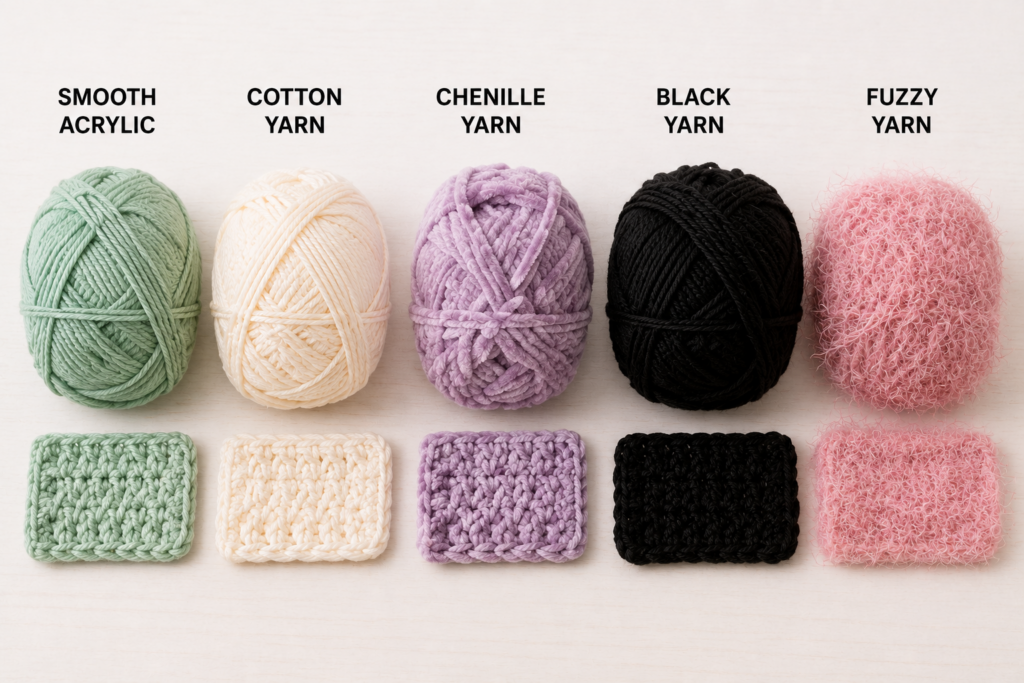 Close up comparison showing fuzzy yarn stitches versus smooth yarn stitches