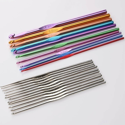 Comparing a steel hook beside a regular crochet hook